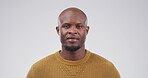Serious, portrait and black man in studio with confidence for education, knowledge or high school career. Pride, male person and African teacher with job opportunity for tutoring on white background