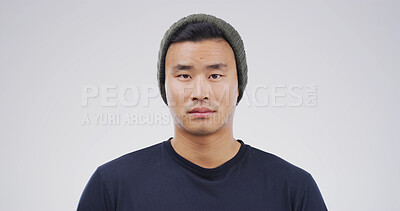 Buy stock photo Education, portrait and student man on studio space for college course or university scholarship. Beanie, development and learning with Asian person isolated on white background for school study