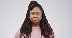 Smile, confident and portrait of black woman in studio with career in education at high school. Pride, face and African teacher with job opportunity for tutoring or knowledge by white background.