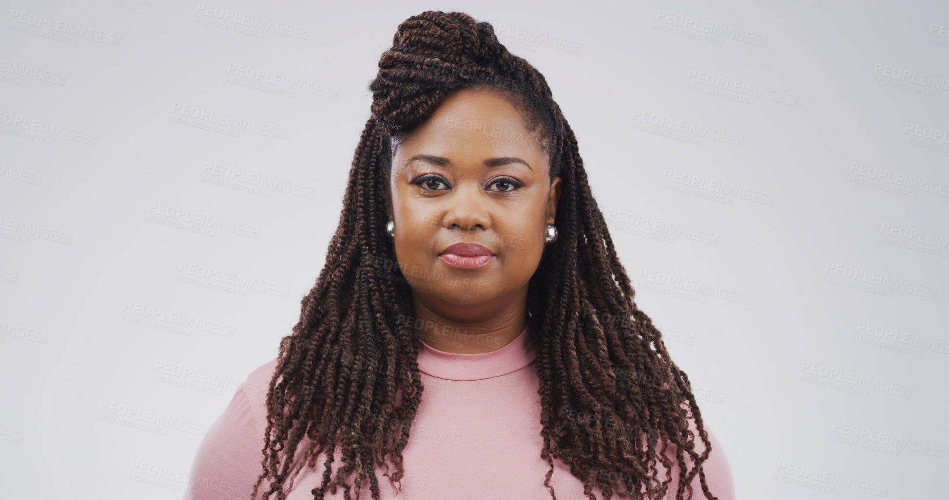 Buy stock photo Smile, confident and portrait of black woman in studio with career in education at high school. Pride, face and African teacher with job opportunity for tutoring or knowledge by white background.