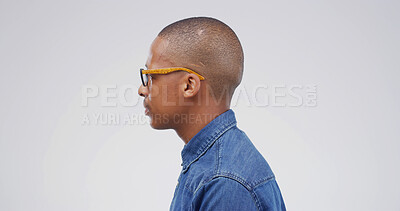 Buy stock photo Black man, glasses and studio profile for optometry exam, test or eye health on white background. African person, spectacles and prescription lens for eyesight, vision assessment and mockup space