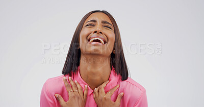 Buy stock photo Broken heart, crying and sad with woman on studio space for reaction for bad news of grief, loss or pain. Depression, emotions and stress with unhappy person isolated on white background for mourning