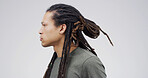 Dreadlocks, profile and serious with student man on studio space for college or university education. Development, future and hairstyle with African person isolated on white background for study