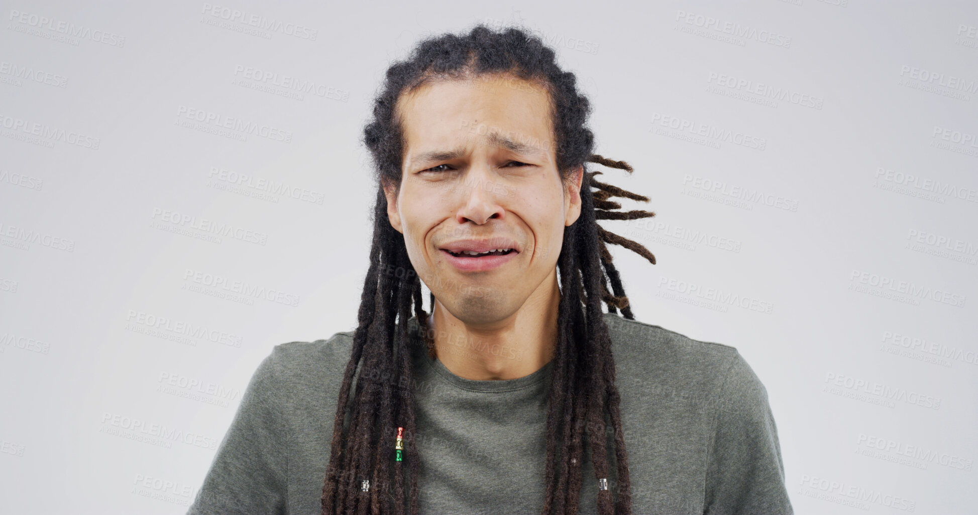 Buy stock photo Sad, crying and portrait of man in studio for depression, heartbreak and crisis. Mental health, overwhelmed and rejection with person on white background space for shame,  mistake and emotional