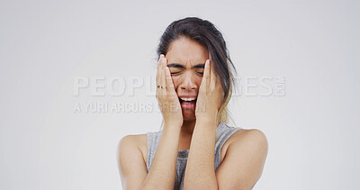 Buy stock photo Sad woman, panic or crying with grief in studio for mistake or depression on a white background. Female person, model or breakup with emotion, sob or mental health for stress, loss or crisis on space