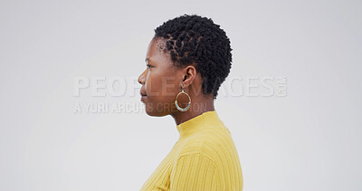 Buy stock photo Profile, employee and black woman with pride, studio or serious for career development or reporter. White background, creative and person with story for journalism, mockup space and confident