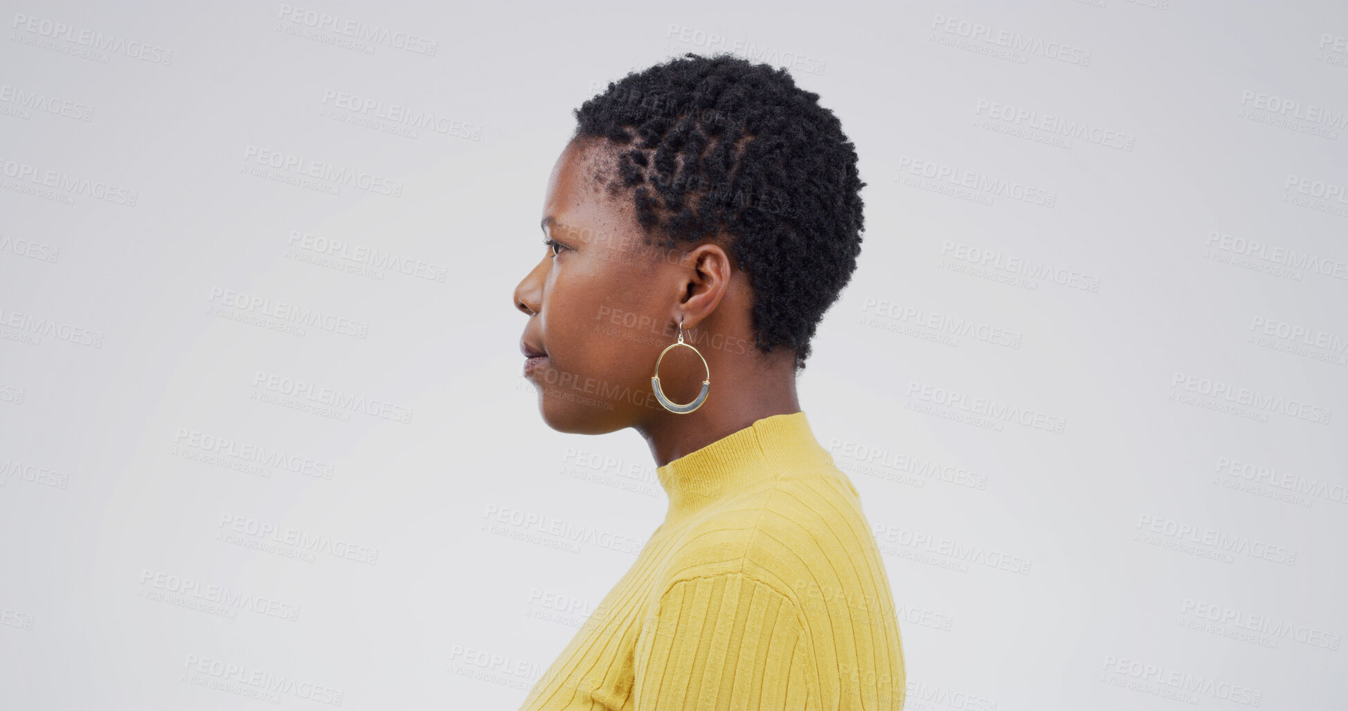 Buy stock photo Profile, employee and black woman with pride, studio or serious for career development or reporter. White background, creative and person with story for journalism, mockup space and confident