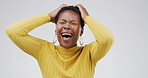 Sad, black woman and crying in studio with stress, mourning loss and emotional for memory. Female person, grief and sorrow with mental health crisis, bad news and PTSD trauma on white background