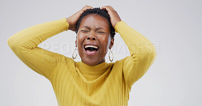 Buy stock photo Sad, black woman and crying in studio with stress, mourning loss and emotional for memory. Female person, grief and sorrow with mental health crisis, bad news and PTSD trauma on white background
