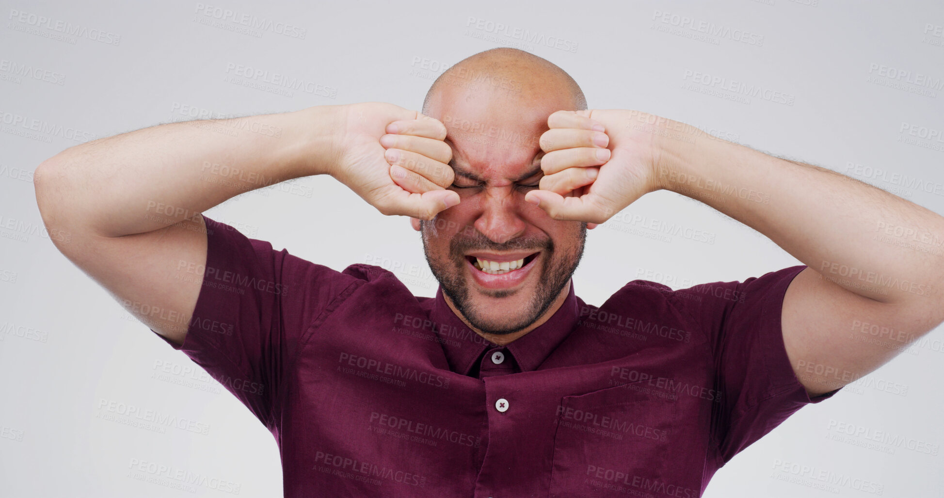 Buy stock photo Sad man, crying and mistake with frustration for breakup in studio on a white background. Male person, upset or model moping with sob, stress or expression for divorce, mental health or bad news