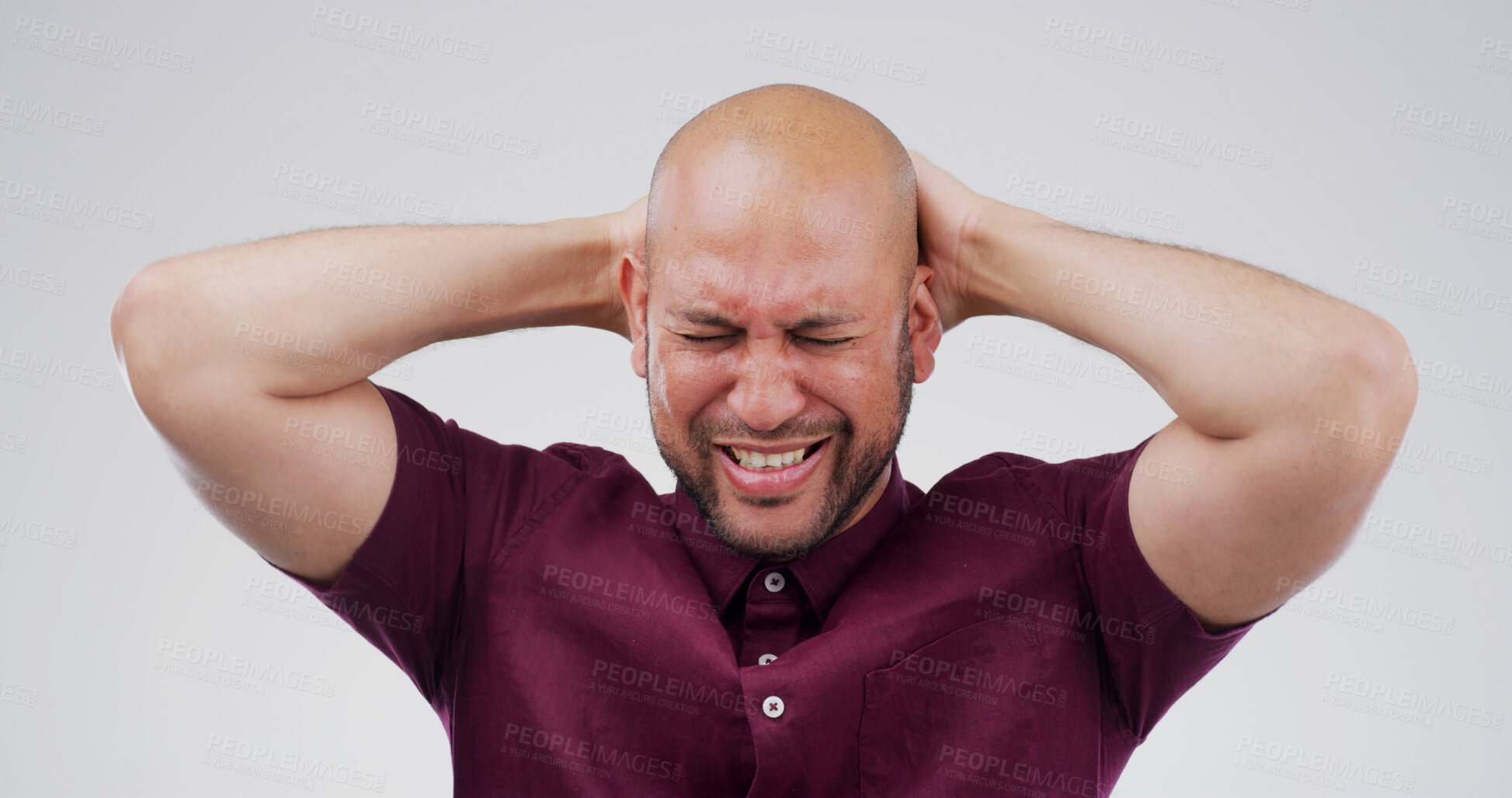 Buy stock photo Sad man, crying and mistake with regret for breakup or divorce in studio on a white background. Male person, upset or frustrated model moping with stress or expression for mental health or bad news