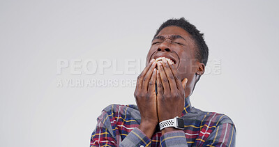 Buy stock photo Sad, crying and fear with black man in studio for depression, heartbreak and crisis. Mental health, overwhelmed and rejection with person on white background space for shame, mistake and emotional