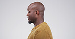 Black man, bald head and hair care in studio with healthy shine, styling and grooming results. Male person, beard and collagen treatment for loss, salon transformation and benefits white background