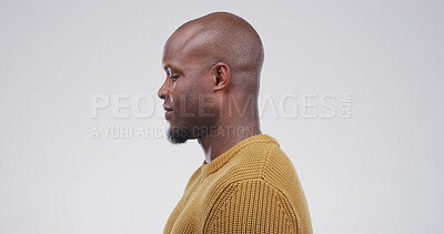 Buy stock photo Black man, bald head and haircare in studio for healthy shine, alopecia and grooming results. Male person, beard and collagen treatment for hair loss, natural aging and haircut on white background