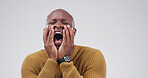Sad, black man and crying in studio with screaming, mourning loss and emotional for memory. Male person, grief and sorrow with mental health crisis, bad news and PTSD trauma on white background
