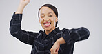 Portrait, happy and woman dance in studio for good news, lottery winner and celebration. Person, moving and rhythm for sales announcement, free giveaway and party for bonus prize on white background