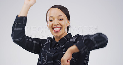 Buy stock photo Portrait, happy and woman dance in studio for good news, lottery winner and celebration. Person, moving and rhythm for sales announcement, free giveaway and party for bonus prize on white background