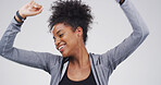 Smile, African woman and dancing in studio for good news, lottery winner and celebration. Person, moving and rhythm for sales announcement, free giveaway and party for bonus prize on white background