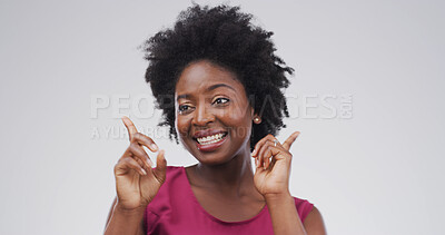 Buy stock photo Dance, hand gesture and smile of black woman on studio space for energy, excitement or having fun. Celebration, face and music with happy person isolated on white background for event, joy or party
