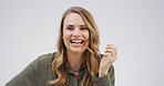 Portrait, laugh and woman in studio for comic emotion, joke and silly on white background space. Smile, excited and funny female person with LOL, happiness and crazy with comedy for humor in Sweden