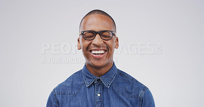 Buy stock photo Laughing, glasses and business black man in studio for it support, entrepreneur or pride. Startup, happiness and professional with person on white background space for technician and confidence