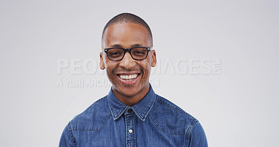 Buy stock photo Smile, glasses and portrait business black man in studio for IT support, entrepreneur or pride. Tech startup, happiness and web developer with person on white background space for technician expert