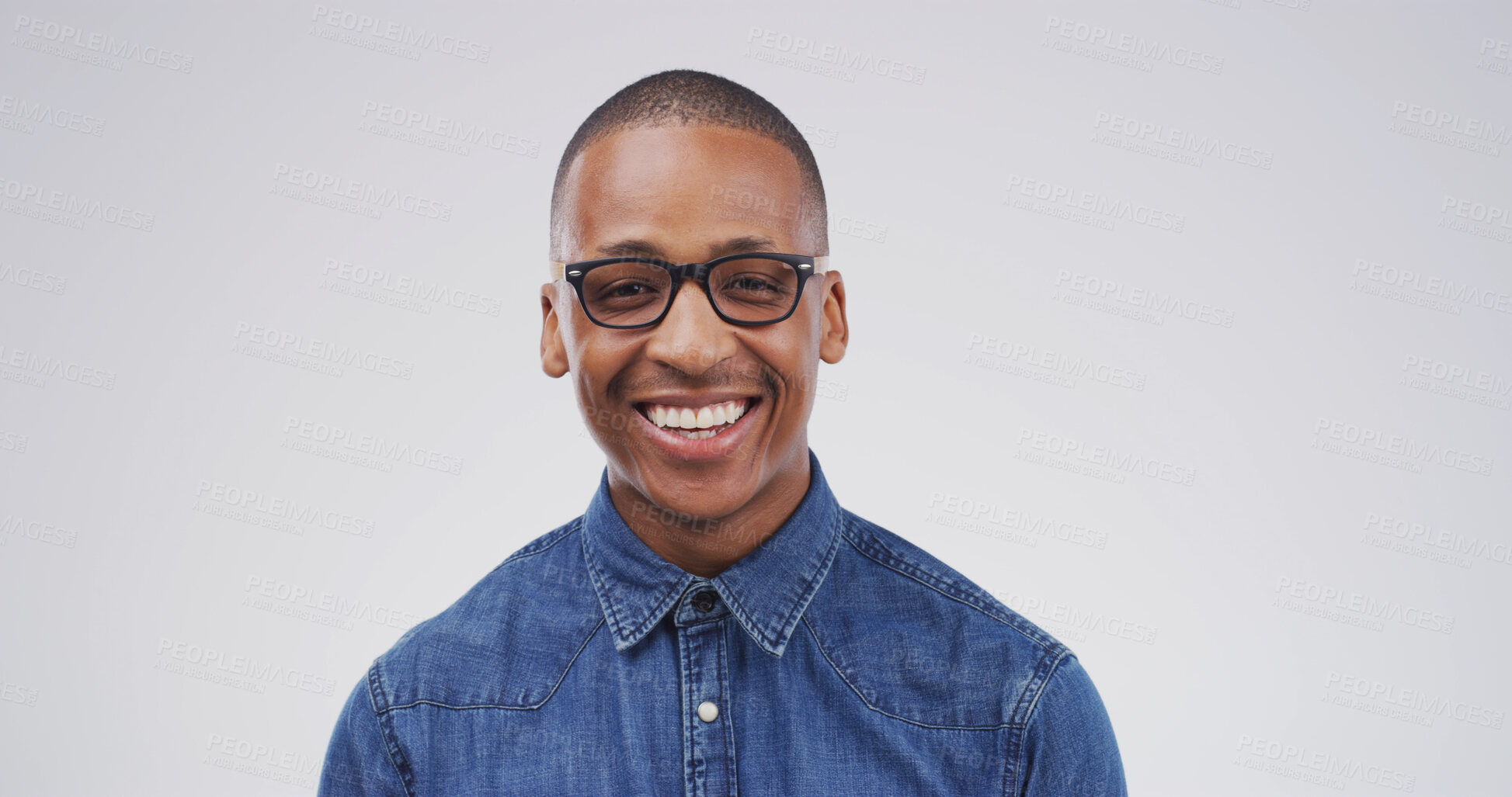Buy stock photo Smile, glasses and portrait business black man in studio for IT support, entrepreneur or pride. Tech startup, happiness and web developer with person on white background space for technician expert