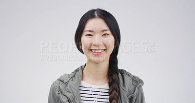 Buy stock photo Portrait, writer and woman with smile, studio or creative for journalism, employee or career growth. White background, reporter and person with confidence for story, ambitious and opportunity in USA