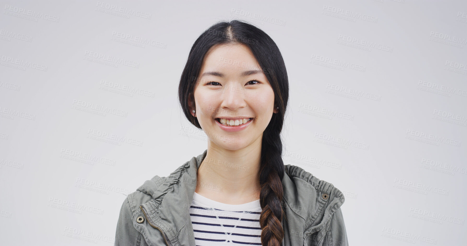 Buy stock photo Portrait, writer and woman with smile, studio or creative for journalism, employee or career growth. White background, reporter and person with confidence for story, ambitious and opportunity in USA