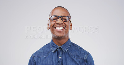 Buy stock photo Happy black man, studio and laughing at joke, comedy and excited isolated on white background. LOL, smile and African person with funny story, silly and comic expression for euphoria with space