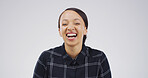 Portrait, happy and woman laughing in studio with expression, funny joke and reaction to meme. Smile, female person and humor with positive attitude, good vibes and silly emotions on white background