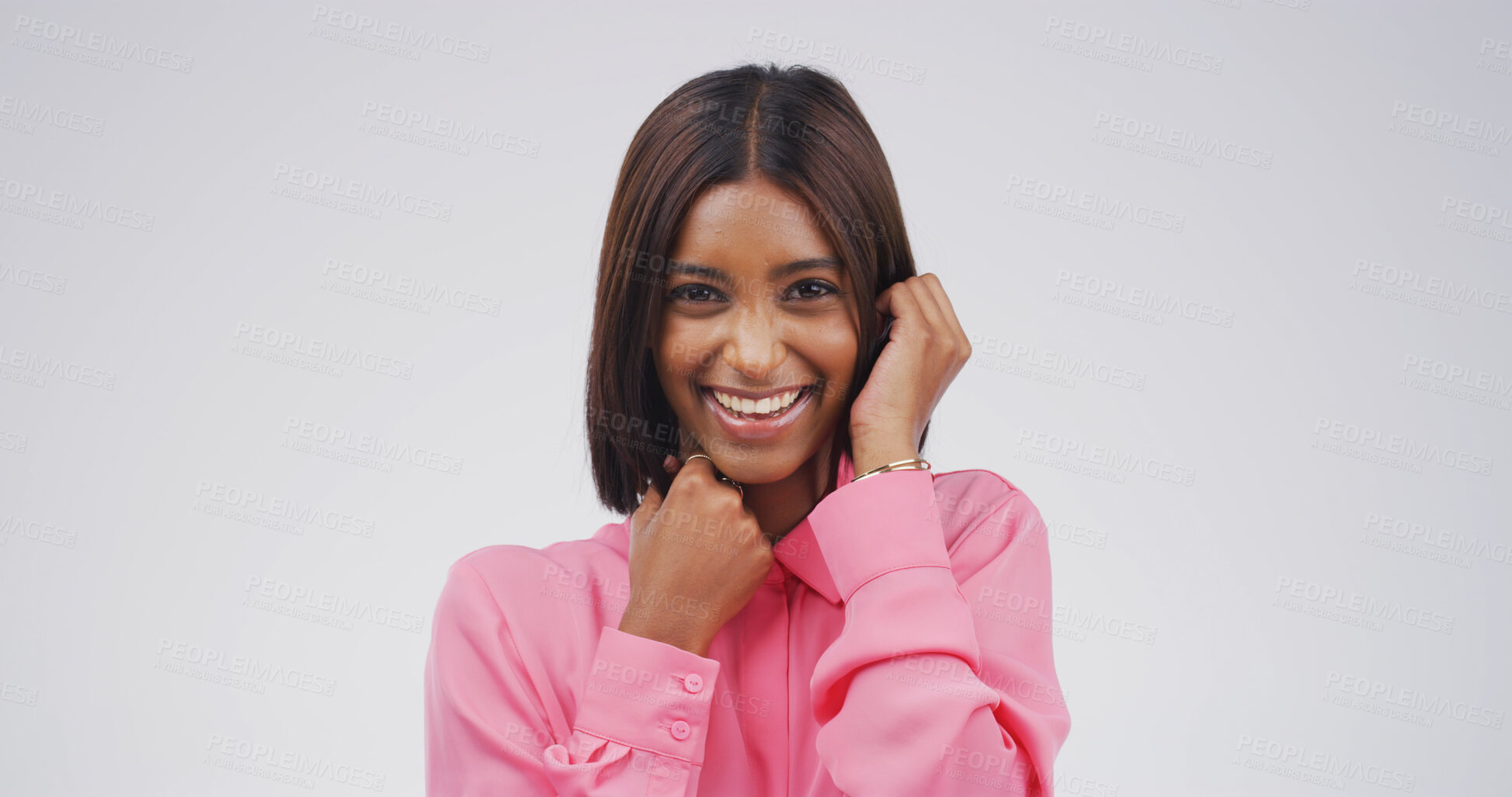 Buy stock photo Woman, hairstyle and happy in studio portrait with results, confident or shine with growth on white background. Person, hair care and pride for change, keratin or mockup space with texture in India