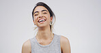 Laughing, happy and portrait of woman in studio with mockup space for comedy joke with humor. Goofy, smile and female person from Brazil with giggle for funny, gossip or comic by white background.