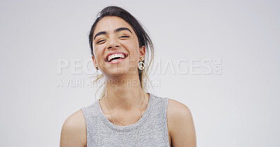 Buy stock photo Laughing, happy and portrait of woman in studio with mockup space for comedy joke with humor. Goofy, smile and female person from Brazil with giggle for funny, gossip or comic by white background.
