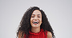 Portrait, smile and woman laughing in studio with expression, funny joke and reaction to meme. Happy, female person and humor for positive attitude, good vibes and silly emotions on white background 