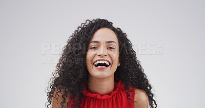 Buy stock photo Portrait, smile and woman laughing in studio with expression, funny joke and reaction to meme. Happy, female person and humor for positive attitude, good vibes and silly emotions on white background 