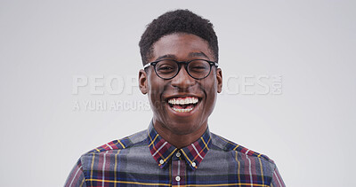 Buy stock photo Laughing, glasses and portrait business black man in studio for IT support, entrepreneur or pride. Tech startup, happiness and web developer with person on white background space for technician