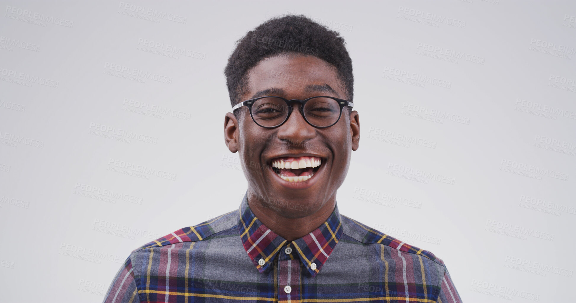Buy stock photo Laughing, glasses and portrait business black man in studio for IT support, entrepreneur or pride. Tech startup, happiness and web developer with person on white background space for technician
