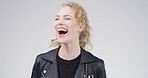 Laugh, happy and face of woman in studio with funny joke, humor and comedy on white background. Emoji, confidence and isolated person with laughter for positive attitude, cheerful and joy for comic