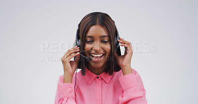 Buy stock photo Microphone, call center and smile with woman in studio for college help desk, contact us and advice. Student support, application faq and campus crm with person and headset on white background