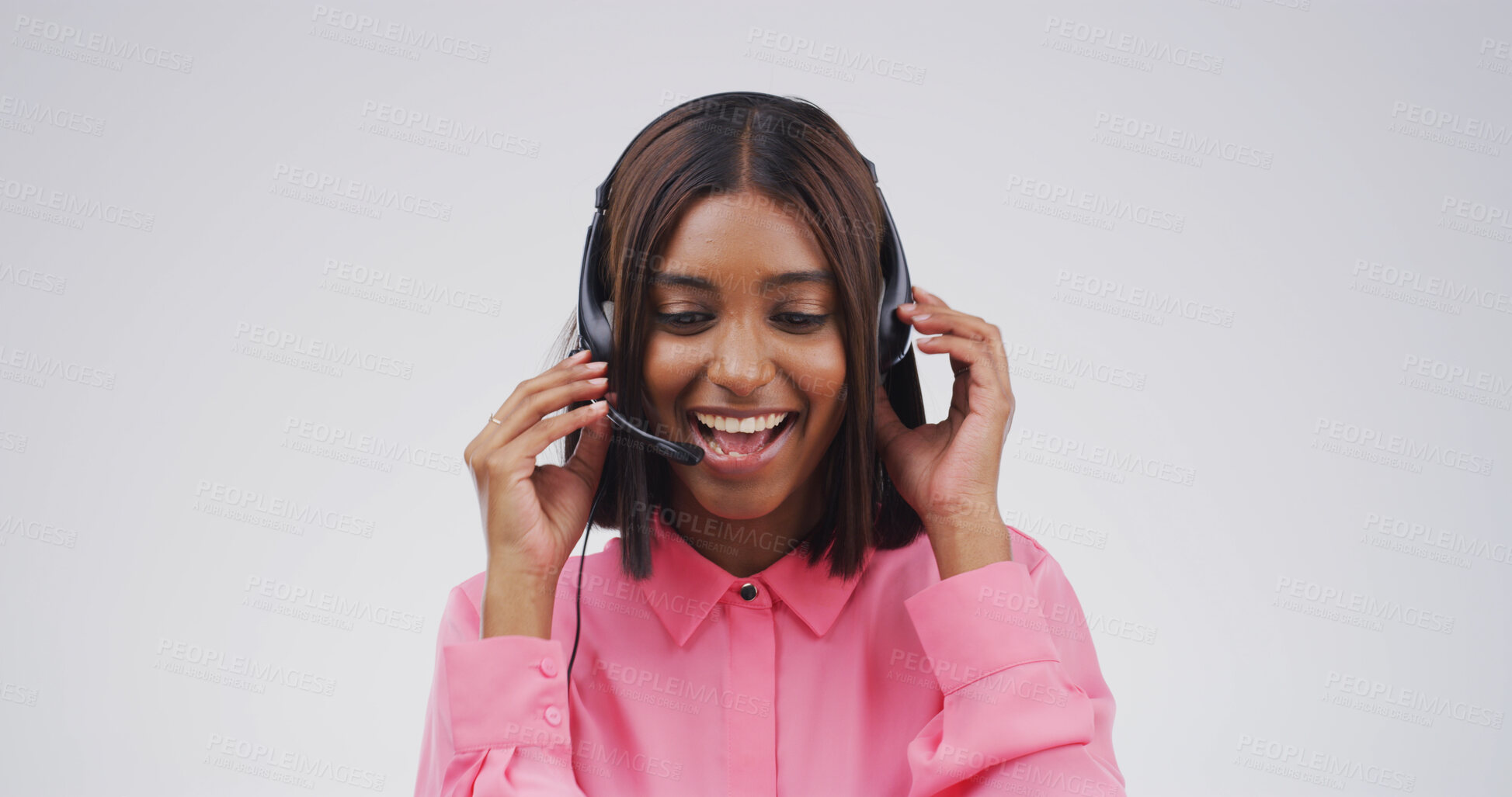 Buy stock photo Microphone, call center and smile with woman in studio for college help desk, contact us and advice. Student support, application faq and campus crm with person and headset on white background