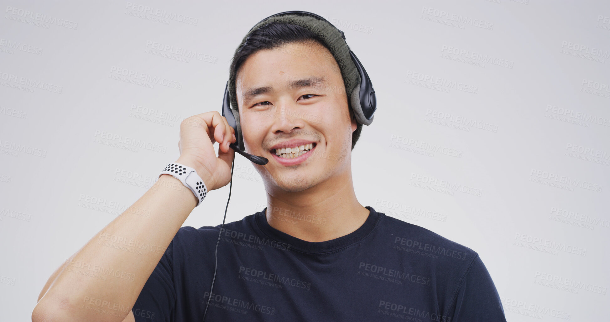 Buy stock photo Asian man, portrait and headset in studio for telemarketing, sales and insurance advice in call center. Agent, tech and communication on white background for consult, business contact us or CRM