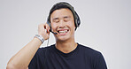 Man, laugh and headset in studio for telemarketing, sales pitch and funny advice in call center. Agent, tech and communication on white background for consultation, business contact us and happy
