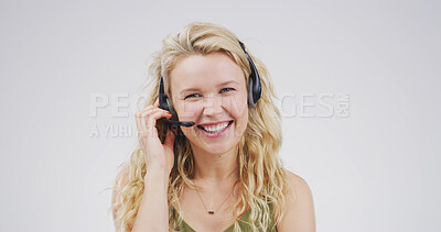 Buy stock photo Portrait, woman and headset at call centre in studio for consultation, funny client and contact us. Advisor, laugh and mic for customer service, advice and listening to comic joke on white background