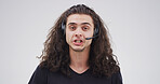 Portrait, telemarketing and man in studio, conversation and customer service on white background. Help desk, advice and person with headset, contact us and online consultation with telecom sales