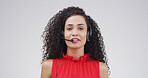 Call center, portrait or woman with microphone in studio for product advice, lead generation or sales. Mockup, telemarketing and consultant on white background for outbound assistance and contact us