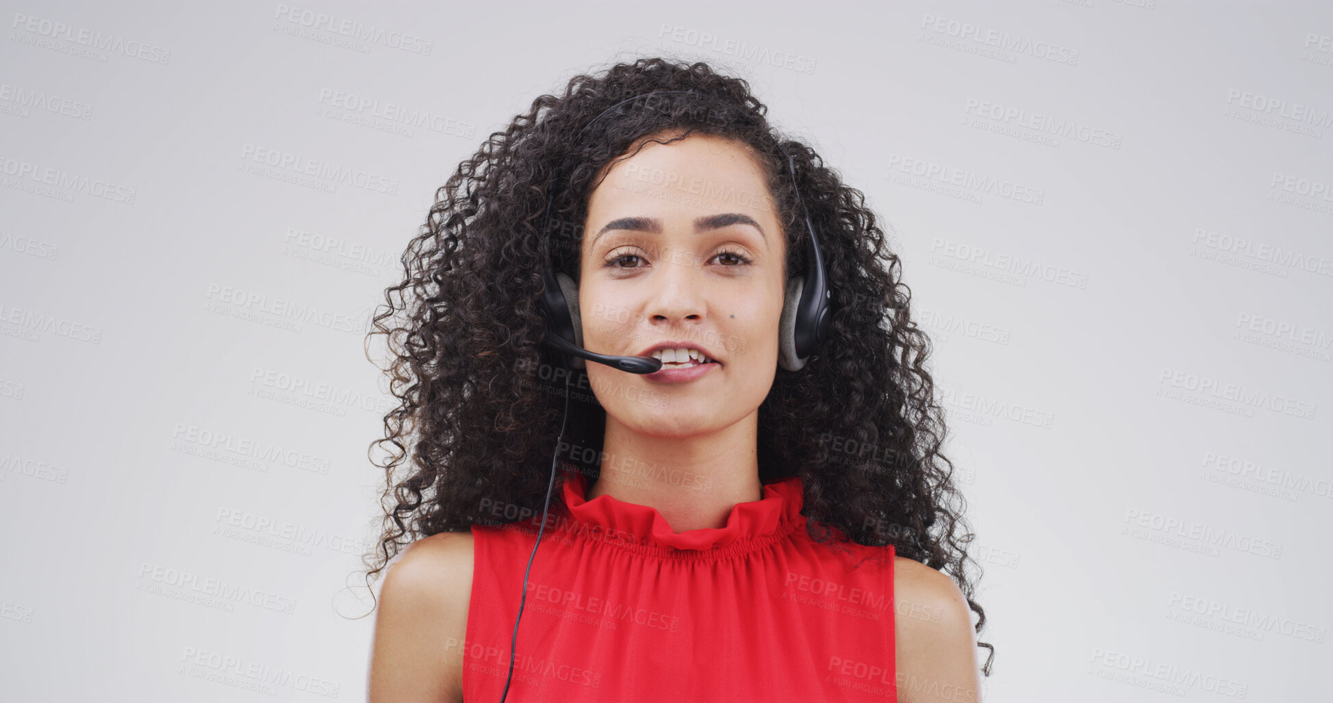 Buy stock photo Call center, portrait or woman with microphone in studio for product advice, lead generation or sales. Mockup, telemarketing and consultant on white background for outbound assistance and contact us