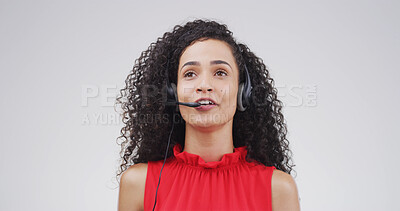 Buy stock photo Call center agent, telemarketing and woman thinking in studio for lead generation or communication. Sales consultant, headset or contact us for outbound feedback or solution on white background space