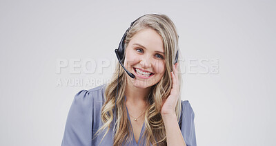 Buy stock photo Call center agent, telemarketing and woman in studio for lead generation, think or feedback. Sales consultant, headset and contact us for outbound solution, smile or listen on white background space