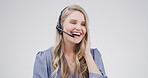 Business, call centre and woman in studio, funny and customer support on white background. Happy person, employee or consultation with help desk, positive feedback and advice with friendly service